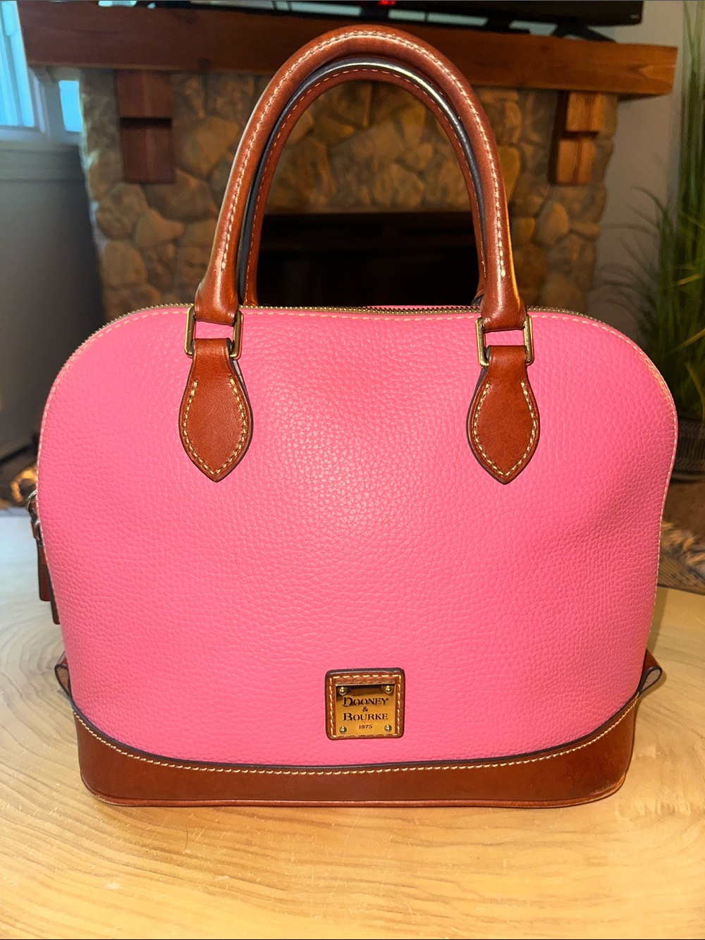 Dooney & Bourke Pink Pebbled Leather Satchel with Brown Trim and Handles